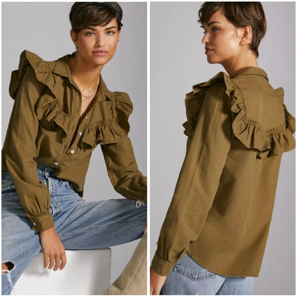 Anthropologie Pilcro Ruffle Button Down Blouse - Picture 1 of 7